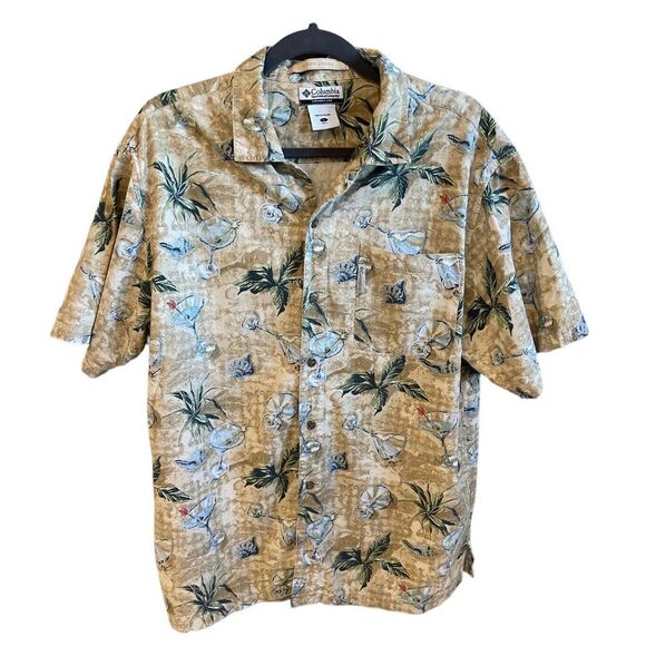 Columbia Men's Shirt‎ M River Lodge Beige Hawaiian Shell Martini Pocket Large - Picture 1 of 5